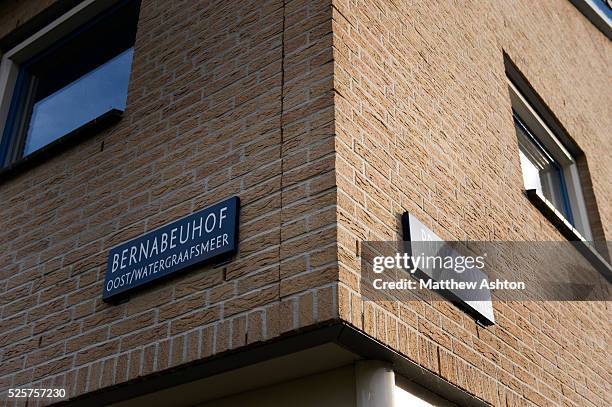 Bernabeuhof street sign on the site of the former stadium of Ajax of Amsterdam, De Meer Stadion, in what is now a housing development. The road...