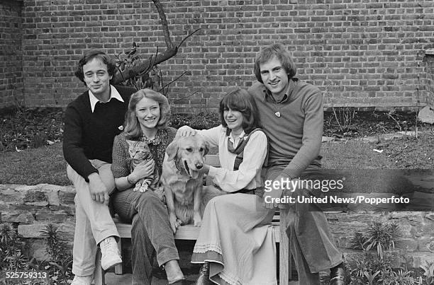 Presenters of the children's television series Blue Peter posed together in the garden at BBC television Centre in London on 3rd April 1979. From...