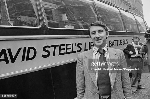 British Liberal Party politician and Liberal Party leader, David Steel pictured next to his battlebus at the start of the election campaign in London...