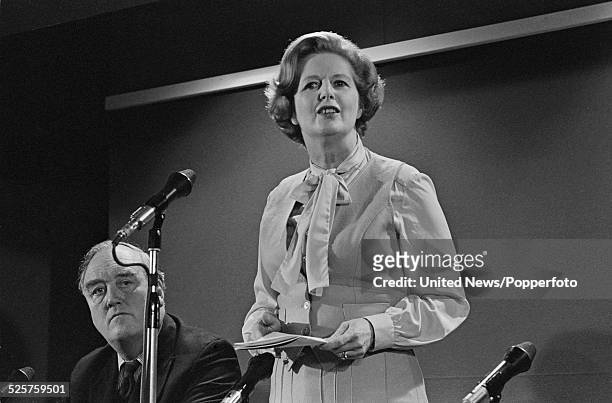 English Conservative Party politician and Leader of the Opposition, Margaret Thatcher pictured speaking at an election campaign meeting in London on...