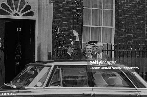 British Prime Minister Margaret Thatcher waves to crowds outside 10 Downing Street, the morning after winning the United Kingdom general election,...