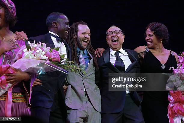 Amber Iman, Joshua Henry, Savion Glover, George C. Wolfe and Audra McDonald onstage during the opening night curtain call for "Shuffle Along" at The...