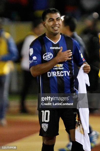 Junior Sornoza of Independiente del Valle celebrates after scoring the first goal of his team during a first leg match between Independiente del...