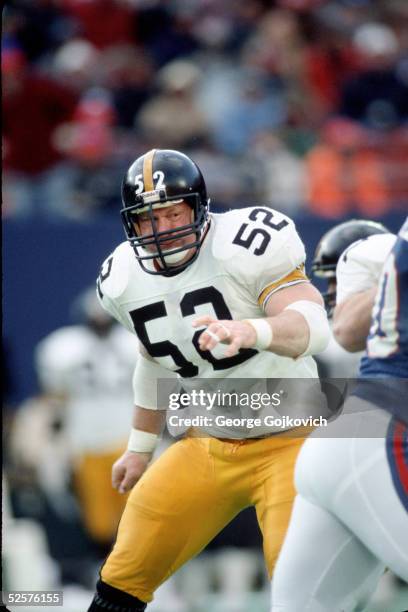 Center Mike Webster of the Pittsburgh Steelers blocks against the New York Giants at Giants Stadium on December 21, 1985 in East Rutherford, New...