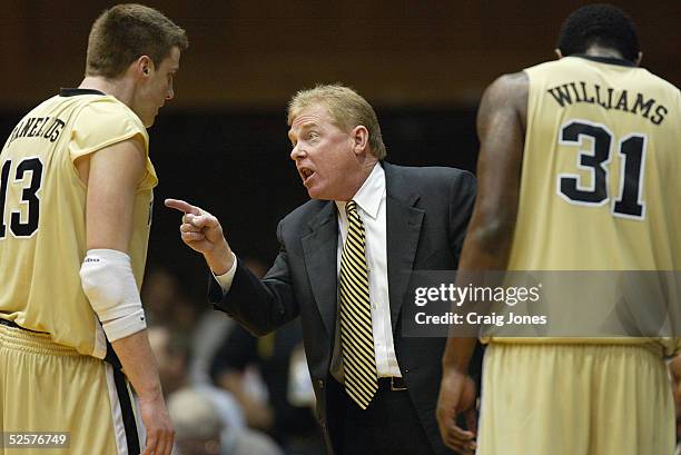 Head coach Skip Prosser of the Wake Forest Demon Deacons talks with Vytas Danelius during the game against the Duke Blue Devils at Cameron Indoor...