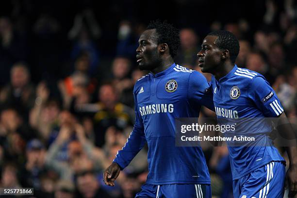 Michael Essien of Chelsea is congratulated by Gael Kakuta of Chelsea