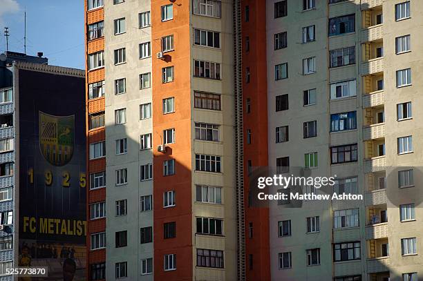 Blocks of apartments in Kharkiv, Ukraine with banners of local football team FC Metalist Kharkiv