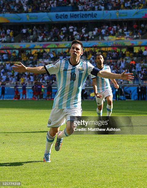 Lionel Messi of Argentina celebrates scoring a goal to make it 1-0