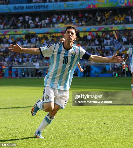 Lionel Messi of Argentina celebrates scoring a goal to make it 1-0