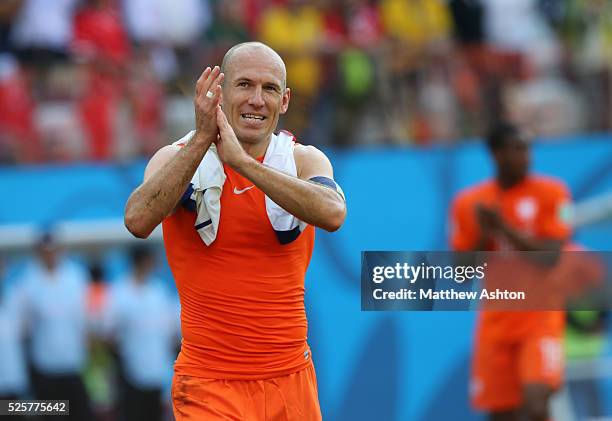 Arjen Robben of Netherlands applauds at the end of the match