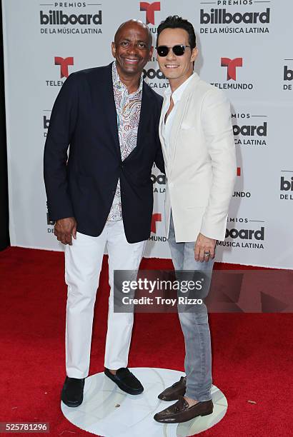 Sergio George and Marc Anthony are seen arriving to the Billboard Latin Music Awards at the Bank United Center on April 28, 2016 in Miami, Florida.