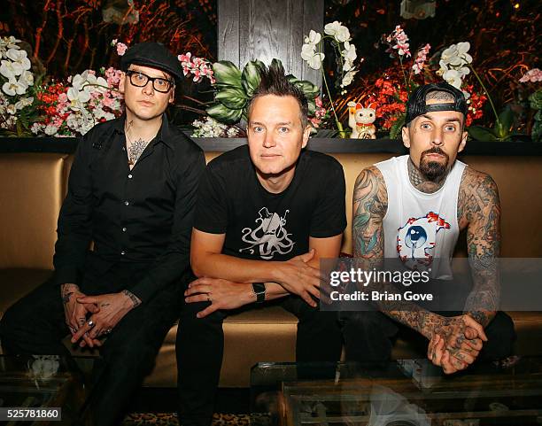 Matt Skiba, Mark Hoppus and Travis Barker of Blink 182 attend the Blink 182-Karaoke Summer Tour Announcement at the Blind Dragon on April 28, 2016 in...