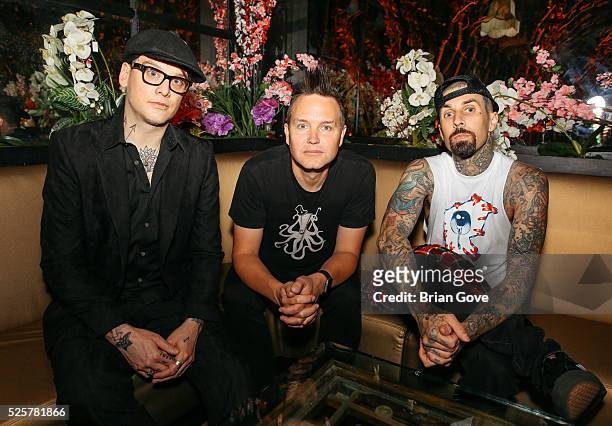 Matt Skiba, Mark Hoppus and Travis Barker of Blink 182 attend the Blink 182-Karaoke Summer Tour Announcement at the Blind Dragon on April 28, 2016 in...