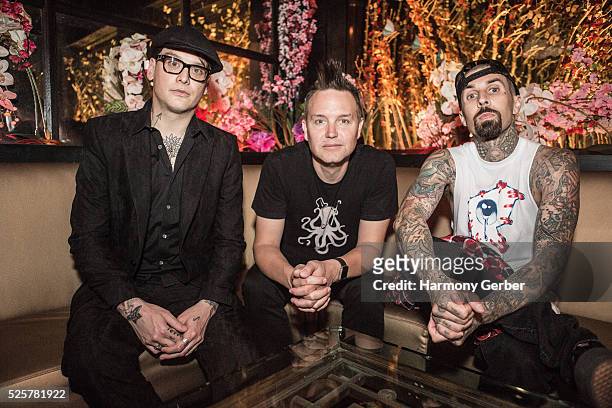Matt Skiba, Mark Hoppus and Travis Barker arrive at Blind Dragon on April 28, 2016 in West Hollywood, California.