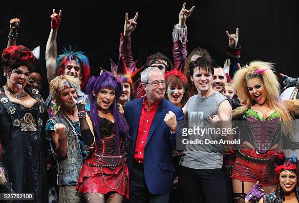 Ben Elton stands alongside cast members during the 'We Will Rock You' media call at Lyric Theatre, Star City on April 29, 2016 in Sydney, Australia.