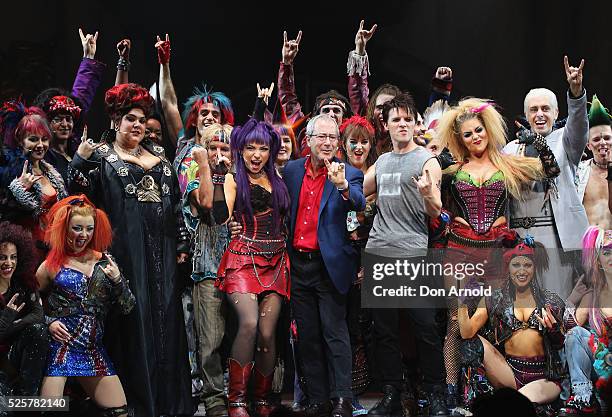 Ben Elton stands alongside cast members during the 'We Will Rock You' media call at Lyric Theatre, Star City on April 29, 2016 in Sydney, Australia.