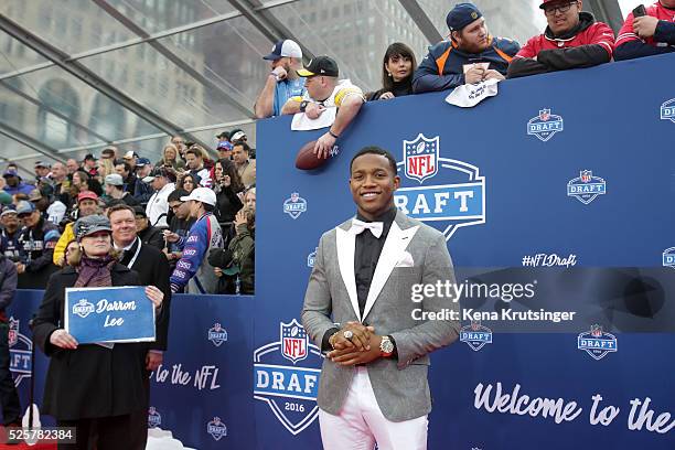 Draftee Darron Lee of Ohio State arrives to the 2016 NFL Draft at the Auditorium Theatre of Roosevelt University on April 28, 2016 in Chicago,...