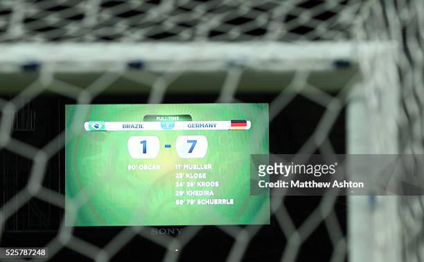 The scoreboard showing the final 1-7 score from the game in which Brazil got knocked out of the FIFA World Cup