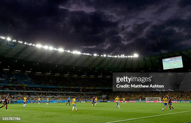 Brazil play Germany under the floodlights of The Belo Horizonte FIFA World Cup Stadium in Brazil, also known as Estadio Governador Magalhaes Pinto,...