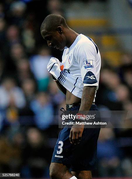 Dejected Jlloyd Samuel of Bolton Wanderers after scoring an own goal to make it 0-1 | Location: Bolton, England.