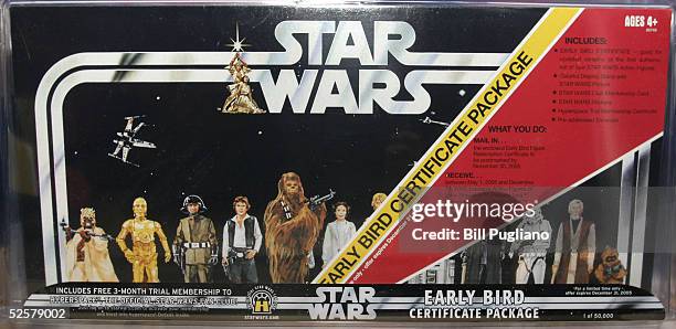 One of the most in-demand items of the newly released Star Wars toys and merchandise is the "Early Bird Certificate Package", displayed here at a...