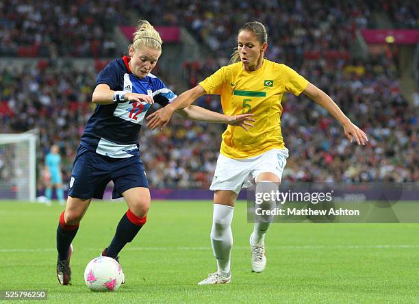 Kim Little of Team GB Women and Erika of Brazil during the 2012 London Olympic Summer Games at Wembley Stadium, London, England, UK on July 31st 2012