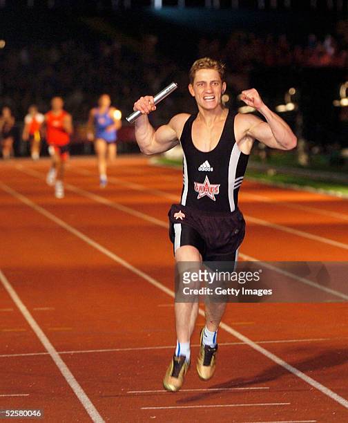 Philip Olivier wins the relay during "The Games: Champion of Champions" final contest at the Don Valley Stadium on April 2, 2005 in Sheffield,...
