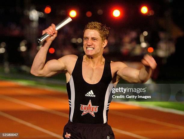 Philip Olivier wins the relay during "The Games: Champion of Champions" final contest at the Don Valley Stadium on April 2, 2005 in Sheffield,...