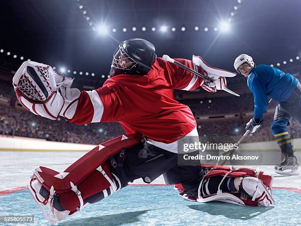 ice hockey player scoring - hockey keeper stockfoto's en -beelden