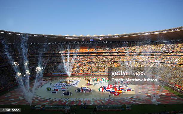 Fireworks go off during the opening ceremony of the 2010 FIFA World Cup at Soccer City, Johannesburg