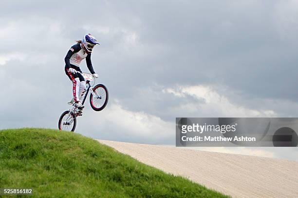Alise Post of USA rides the BMX course during the seeding run during the 2012 London Olympic Summer Games at the Olympic Park, London, UK on August...