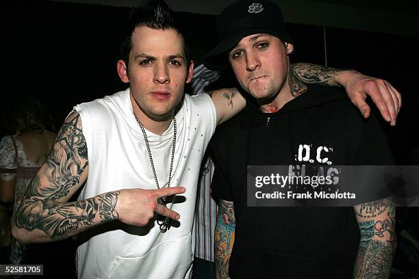 Musicians Joel Madden and Benji Madden of Good Charlotteis seen backstage at the 18th Annual Kids Choice Awards at UCLA's Pauley Pavillion on April...