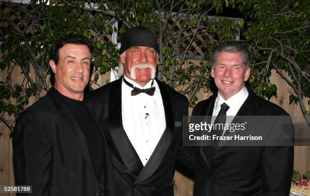 Wrestler Hulk Hogan, Sylvester Stallone and Vince Mcmanon attend Sylvester Stallone's Induction of Hulk Hogan into WWE Hall of Fame at Universal...