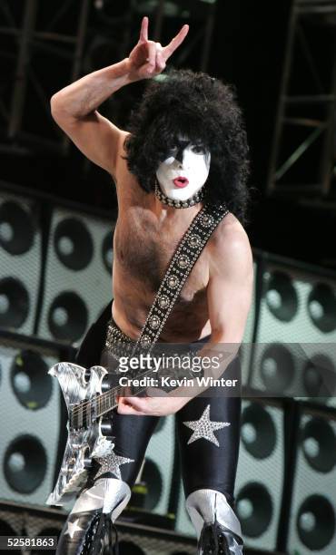 Paul Stanley of Kiss performs at the 'Rockin' The Corps An American Thank You Celebration Concert' at Camp Pendleton on April 1, 2005 in San Diego,...