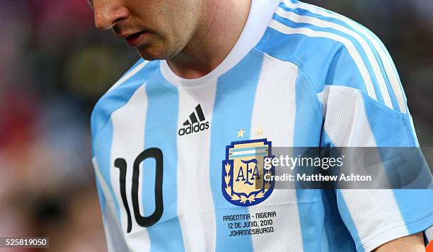 Close up of the shirt of Lionel Messi of Argentina showing the Argentina national badge