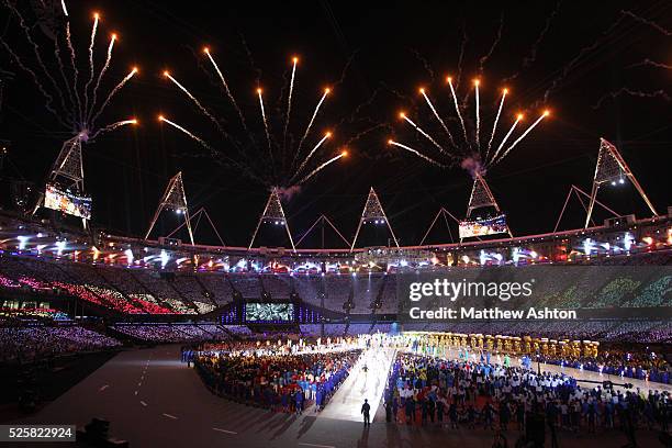 Fireworks during the London 2012 closing ceremony as part of the 2012 London Olympic Summer Games at the Olympic Stadium, Olympic Park, London,...