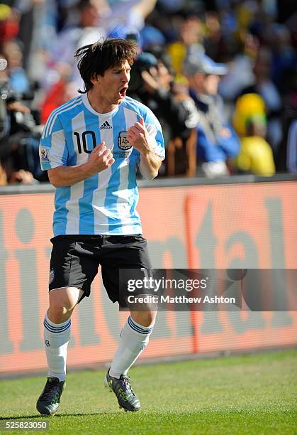 Lionel Messi of Argentina celebrates after his team scored to make it 3-1