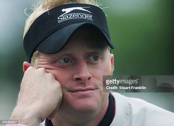 Simon Dyson of England looks on during the third round of The Estoril Open de Portugal at The Quinta da Marinha Golf Course on April 2, 2005 in...