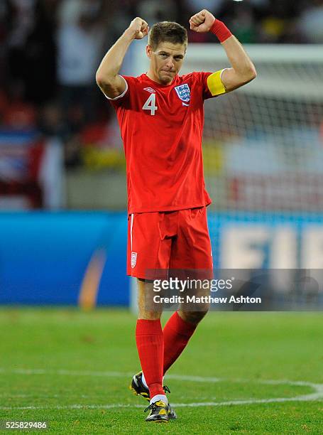 Captain Steven Gerrard of England celebrates after the 0-1 victory over Slovenia