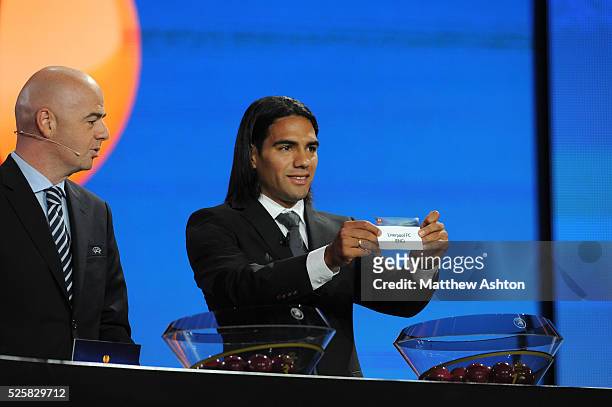 General Secretary Gianni Infantino looks on as Falcao of Atletico Madrid draws out Liverpool at the UEFA Europa League Draw 2012-2013 at the Grimaldi...