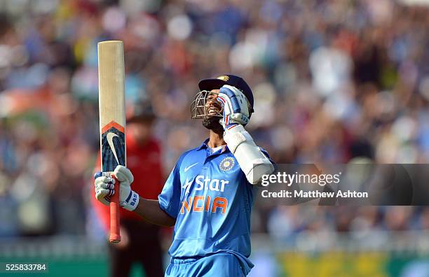 Ajinkya Rahane of India celebrates after scoring his century on the way to making 106 runs