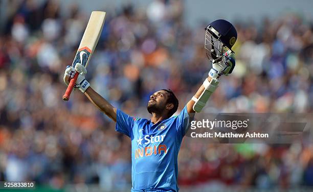 Ajinkya Rahane of India celebrates after scoring his century on the way to making 106 runs