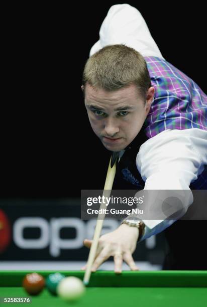 Stephen Hendry of Scotland plays a ball during the China Snooker Open final against Ding Junhui of China on April 3, 2005 in Beijing, China. Hendry...