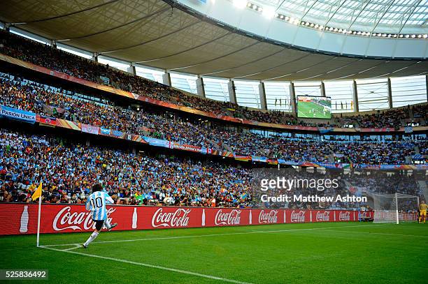 Lionel Messi of Argentina takes a corner in the Green Point Stadium in Cape Town