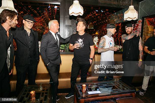 Tyson Ritter, Matt Skiba, John Feldman, Mark Hoppus, Travis Barker, Kevin Skaff, Jeremy McKinnon, Neil Westfall attends the Blink-182 Karaoke Summer...