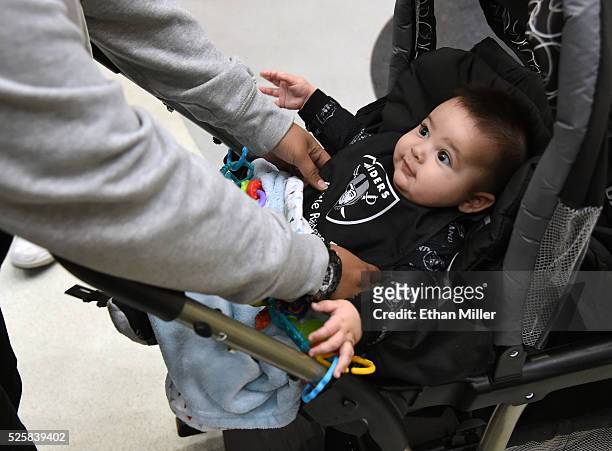 Four-month-old Delphino Rubi V of Nevada is dressed in Oakland Raiders gear as fans wait for Raiders owner Mark Davis to arrive at a Southern Nevada...