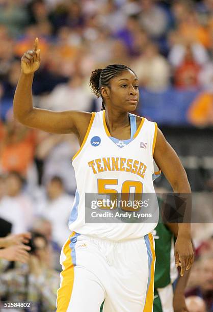 Tye'sha Fluker of the Tennessee Lady Vols celebrates a basket in the game against the Michigan State Spartans in the Semifinal game of the Women's...