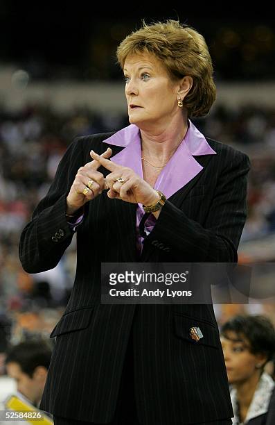 Head coach Pat Summitt of the Tennessee Lady Vols calls a play in the game against the Michigan State Spartans in the Semifinal game of the Women's...