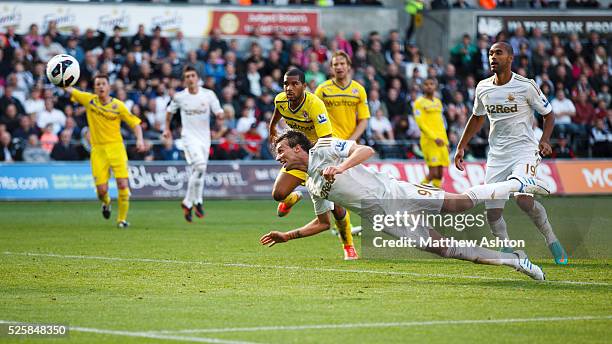 Miguel Michu of Swansea City score a goal to make the score 2-1