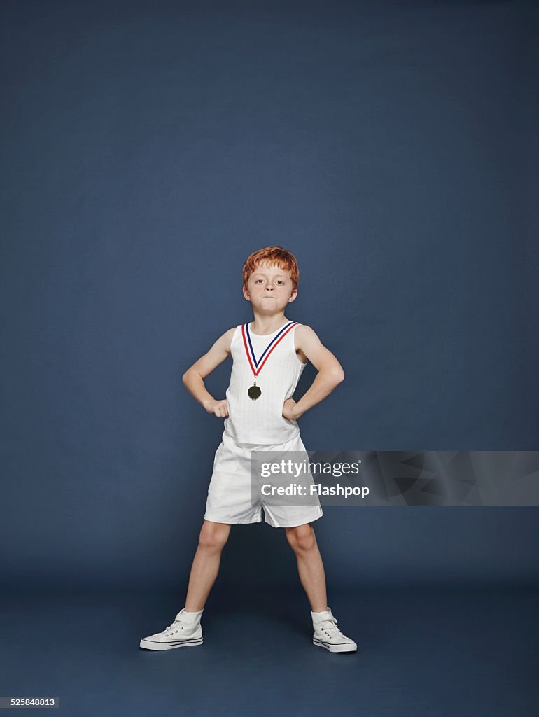 Boy wearing medal